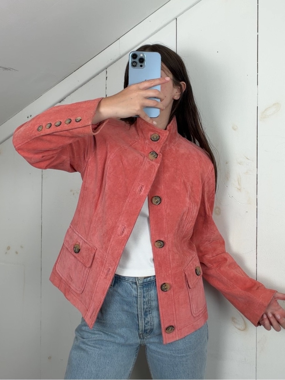 NWT Marshall Field Salmon Pink Suede Leather High Neck‎ Jacket Women’s 6 / Small